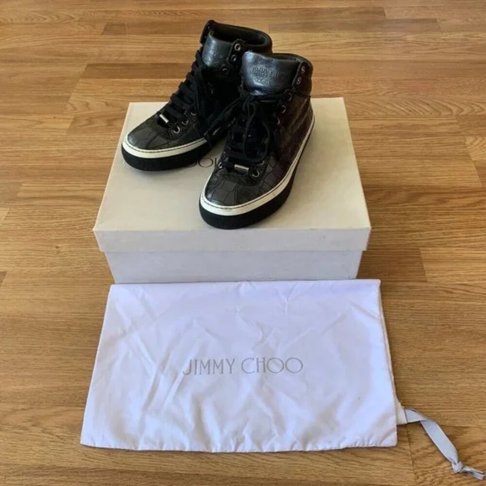 Jimmy Choo Belgravi Asphalt Black Sneakers Metallic Moc Croc Size 39 w/ Box USED